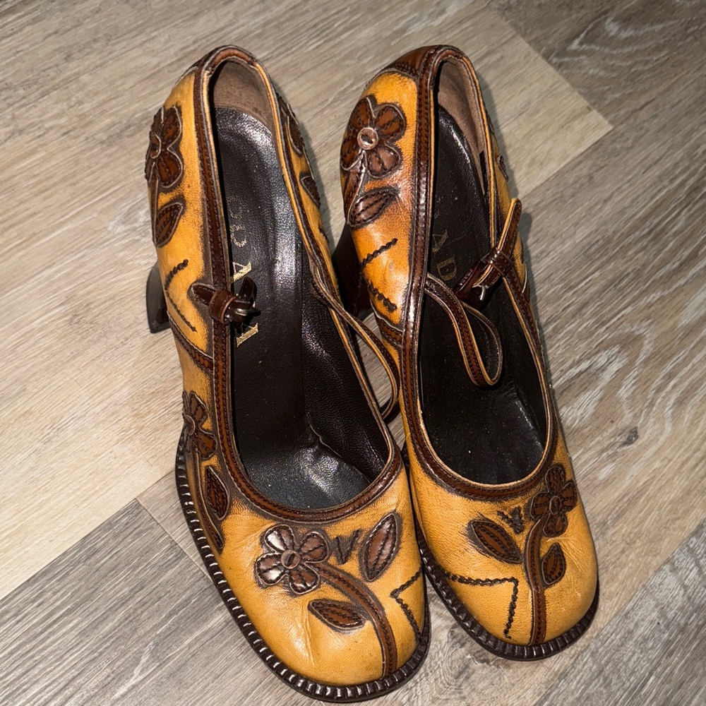 1996 Prada Antiqued Floral Mary Janes